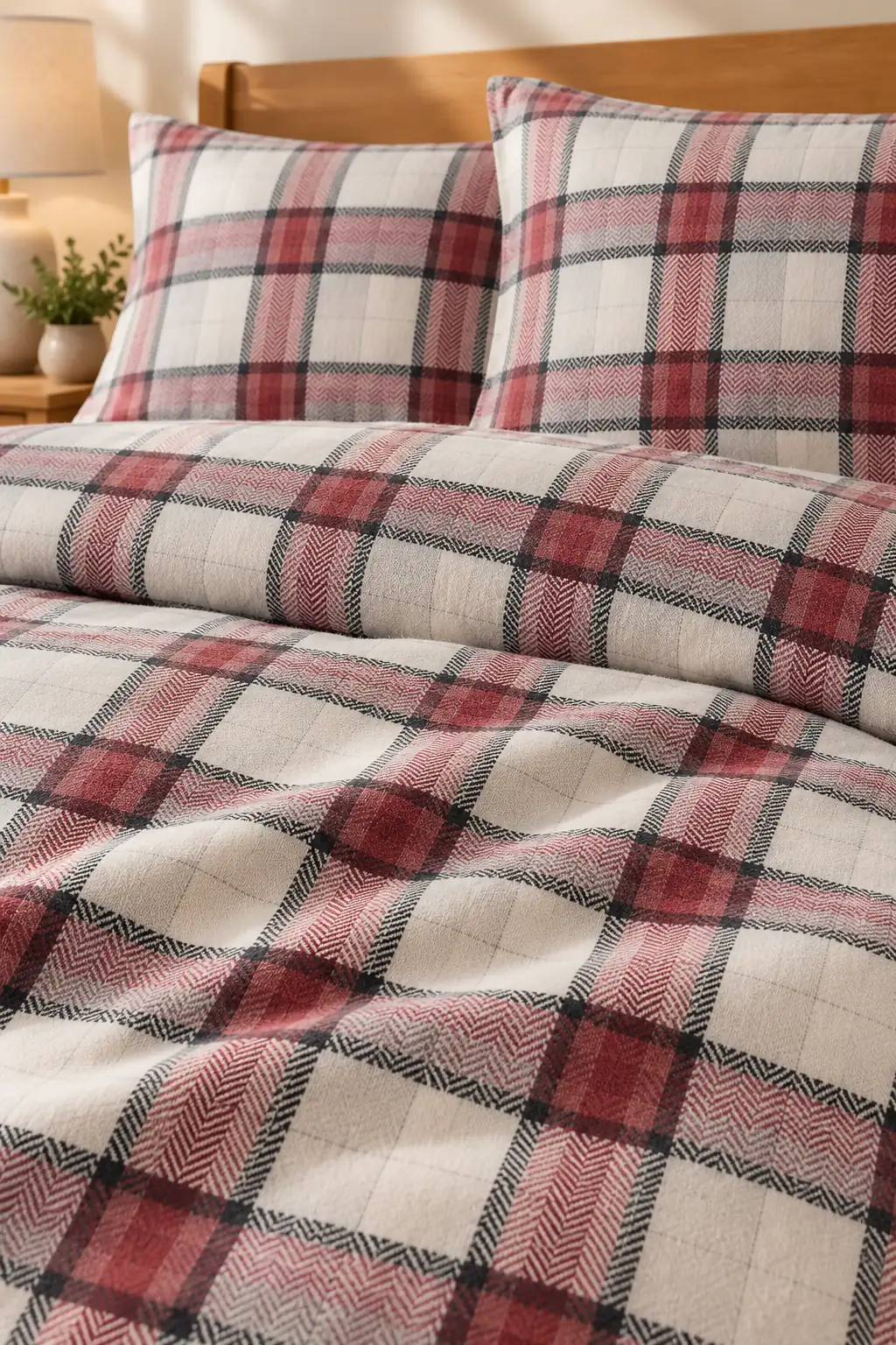 Cotton Collection Flanel Çift Kişilik Nevresim Seti Grey Red Plaid 3