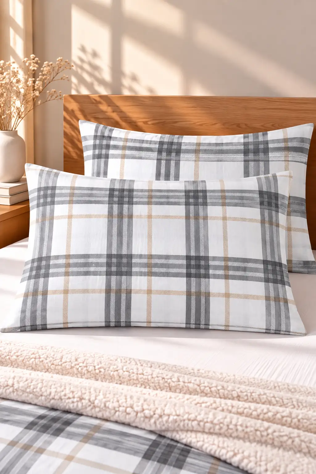 Cotton Collection Kışlık Pazen 2'li Yastık Kılıfı Ekose Taş