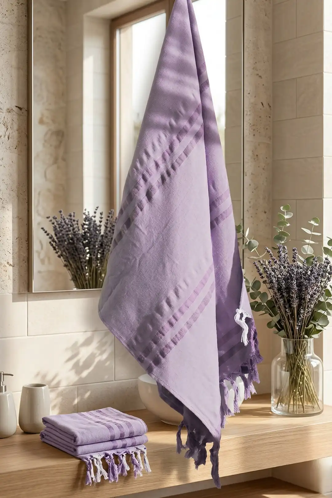 Cotton Collection Bukle Peştamal Havlu Çizgili Saçaklı 70x140 Lila