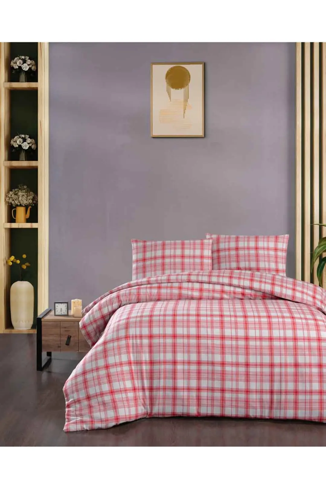 Cotton Collection Flanel R Çift Kişilik Nevresim Takımı Ekose Kırmızı