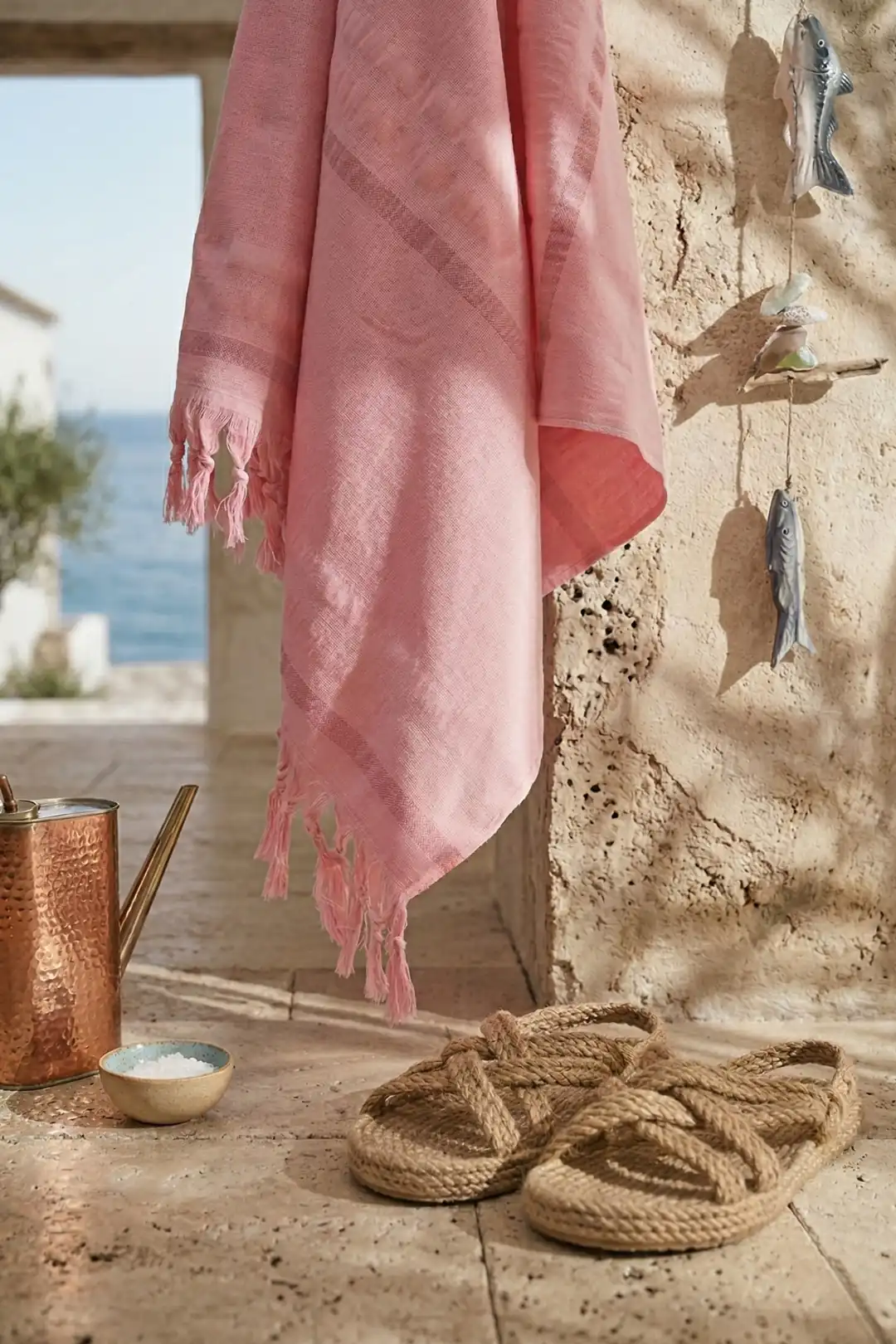 Cotton Collection Bukle Peştamal Havlu Çizgili Saçaklı Pembe 70x140 3