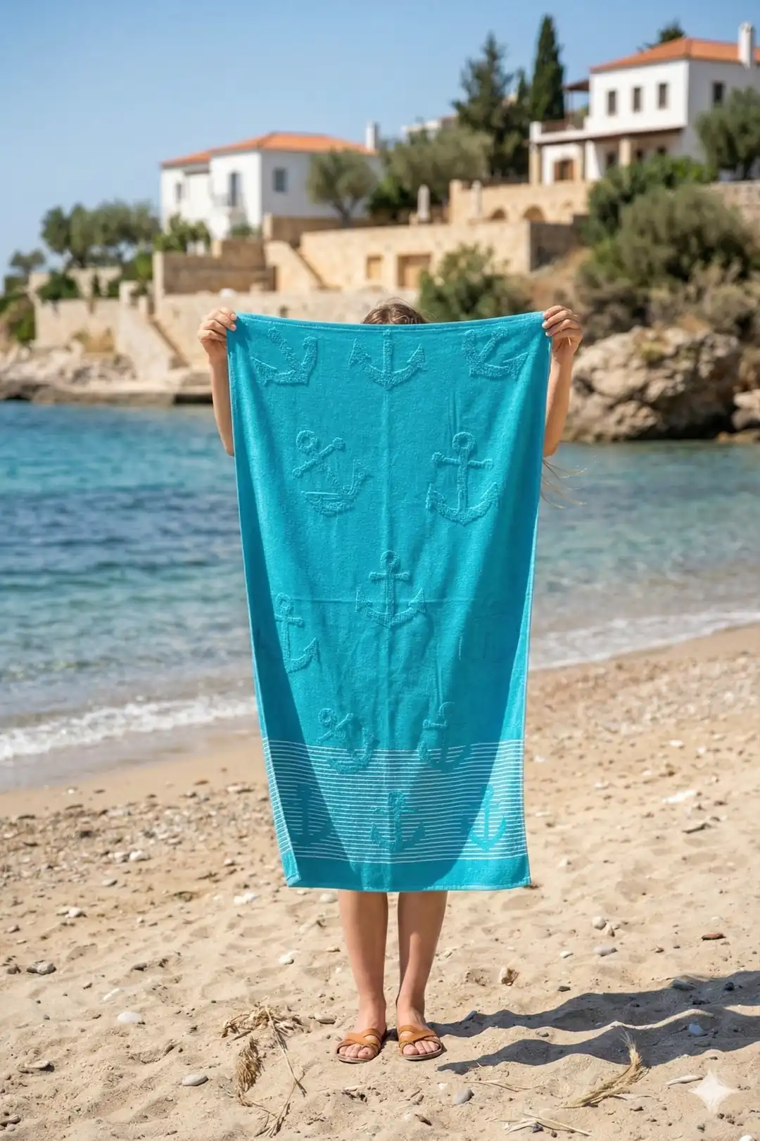 Cotton Collection Bukle Plaj Havlusu Çapa Turkuaz