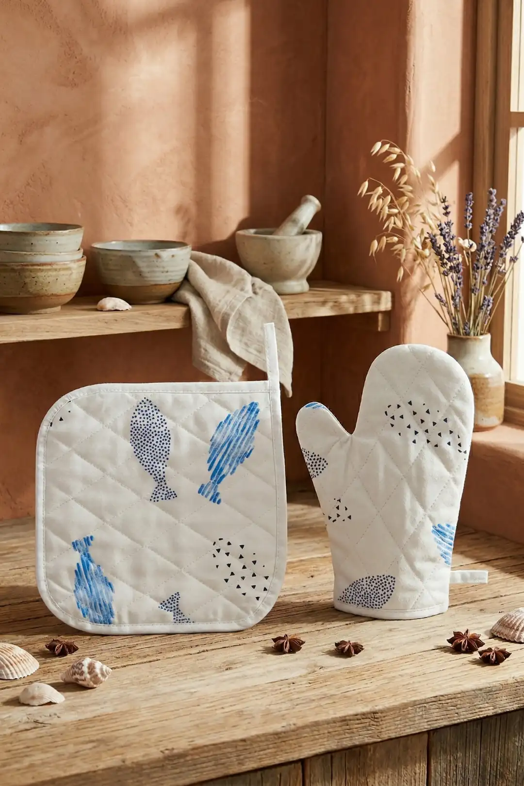Cotton Collection Döşemelik Tutacak+Eldiven Azure