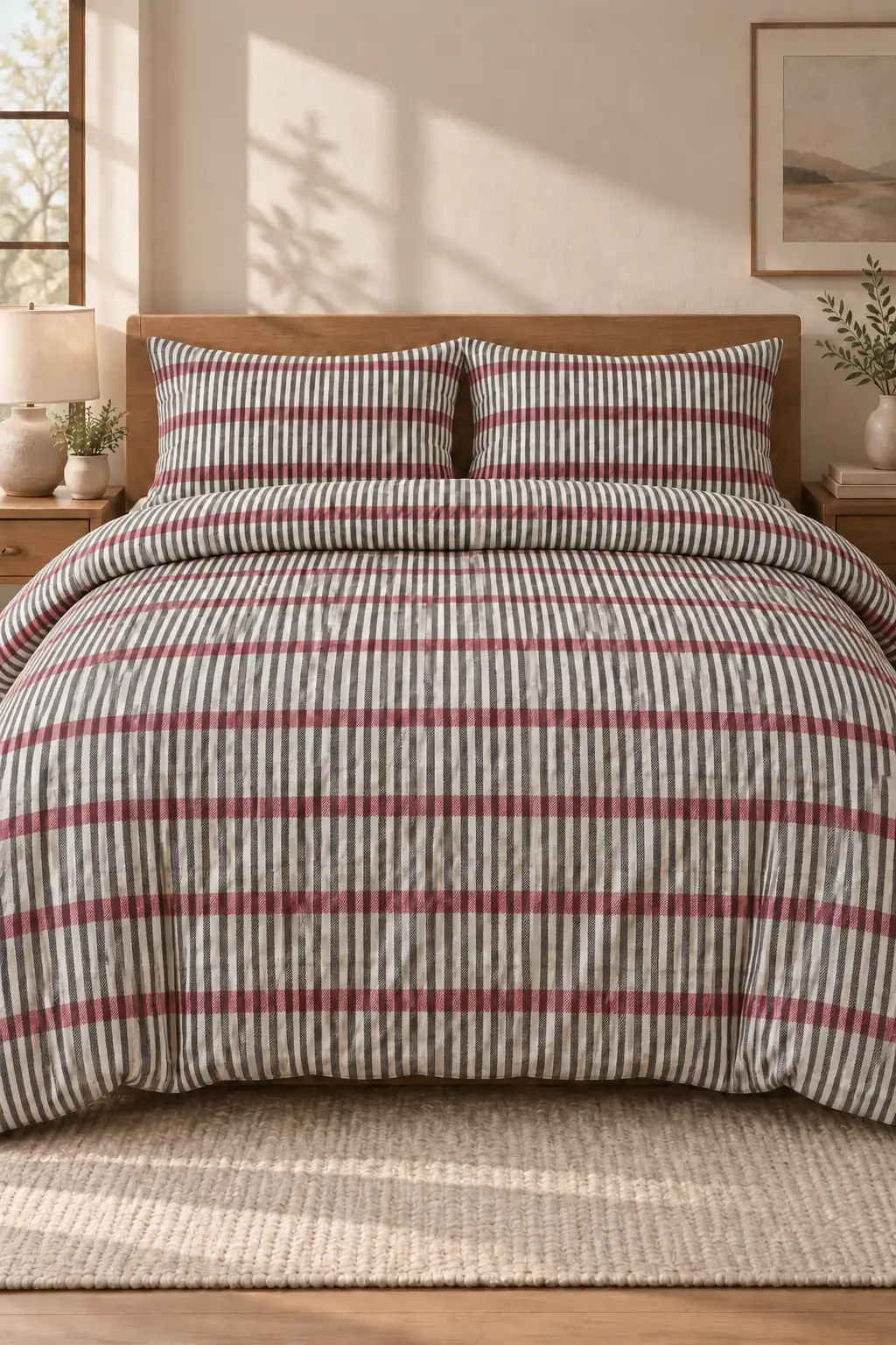 Cotton Collection Flanel Çift Kişilik Nevresim Seti Red Stripe