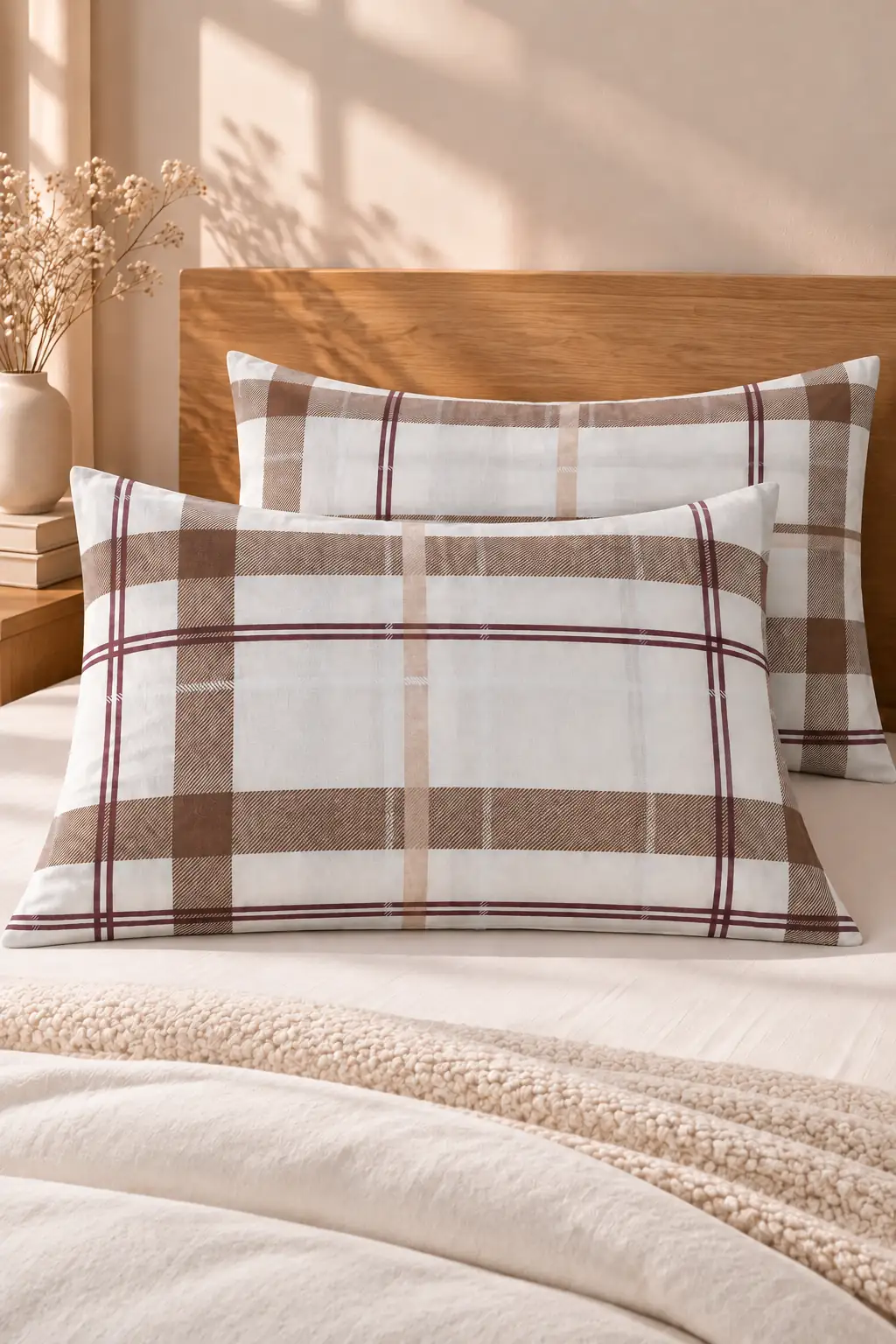 Cotton Collection Kışlık Pazen 2'li Yastık Kılıfı Ekose Kahve