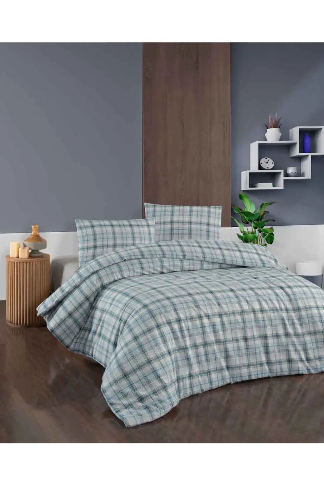 Cotton Collection Flanel R Çift Kişilik Nevresim Takımı Ekose Mavi