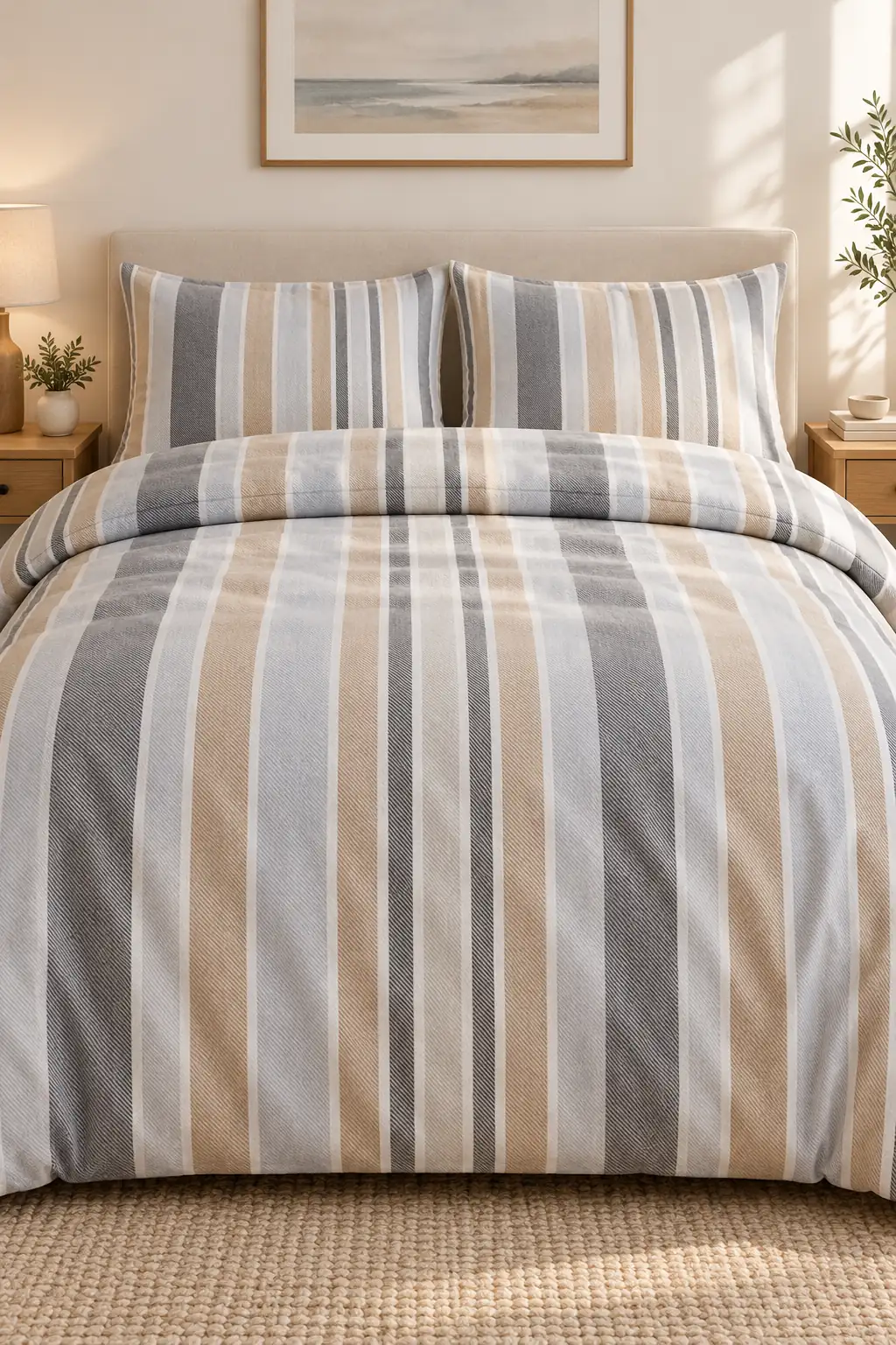 Cotton Collection Flanel Çift Kişilik Nevresim Seti Grey Beige Stripe