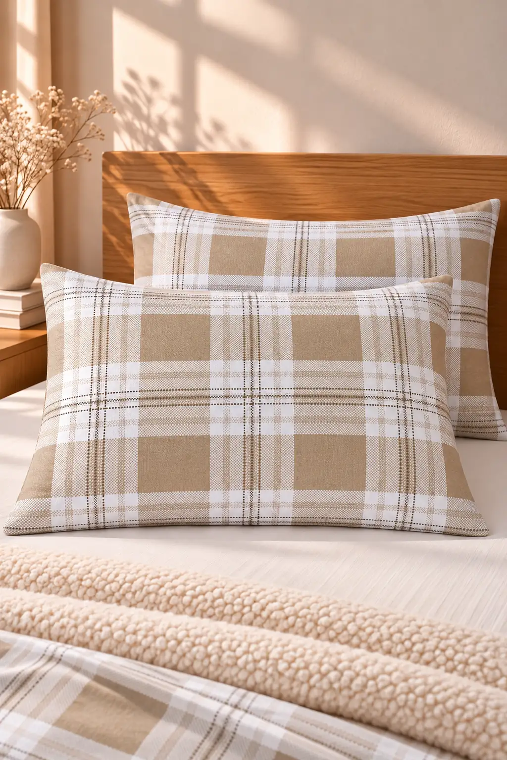 Cotton Collection Kışlık Pazen 2'li Yastık Kılıfı Ekose Bej