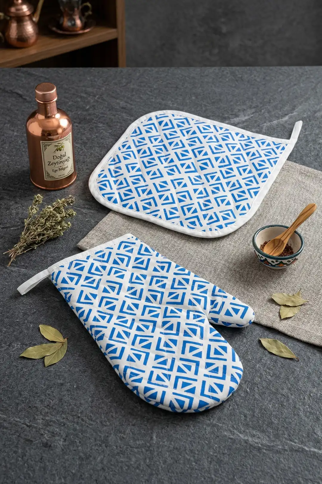 Cotton Collection Döşemelik Tutacak+Eldiven Lily Mavi