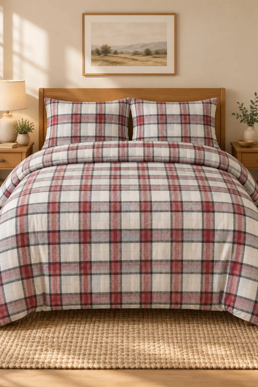 Cotton Collection Flanel Çift Kişilik Nevresim Seti Grey Red Plaid