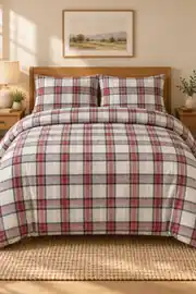 Cotton Collection Flanel Çift Kişilik Nevresim Seti Grey Red Plaid 1