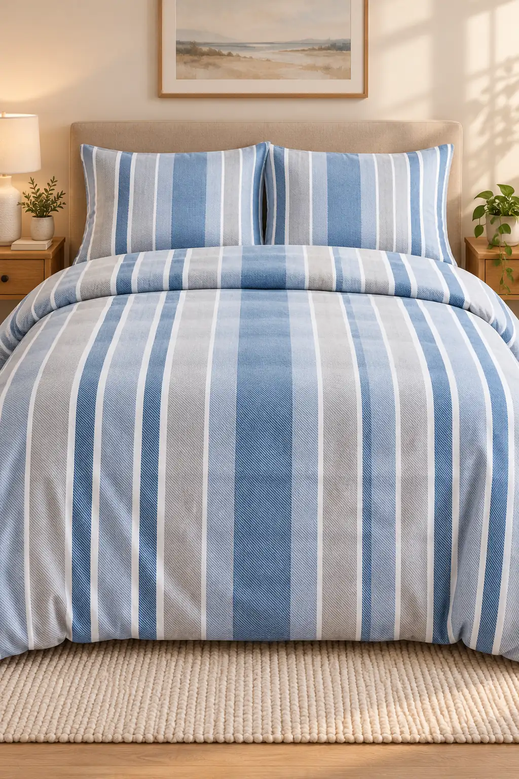 Cotton Collection Flanel Çift Kişilik Nevresim Seti Blue Grey Stripe