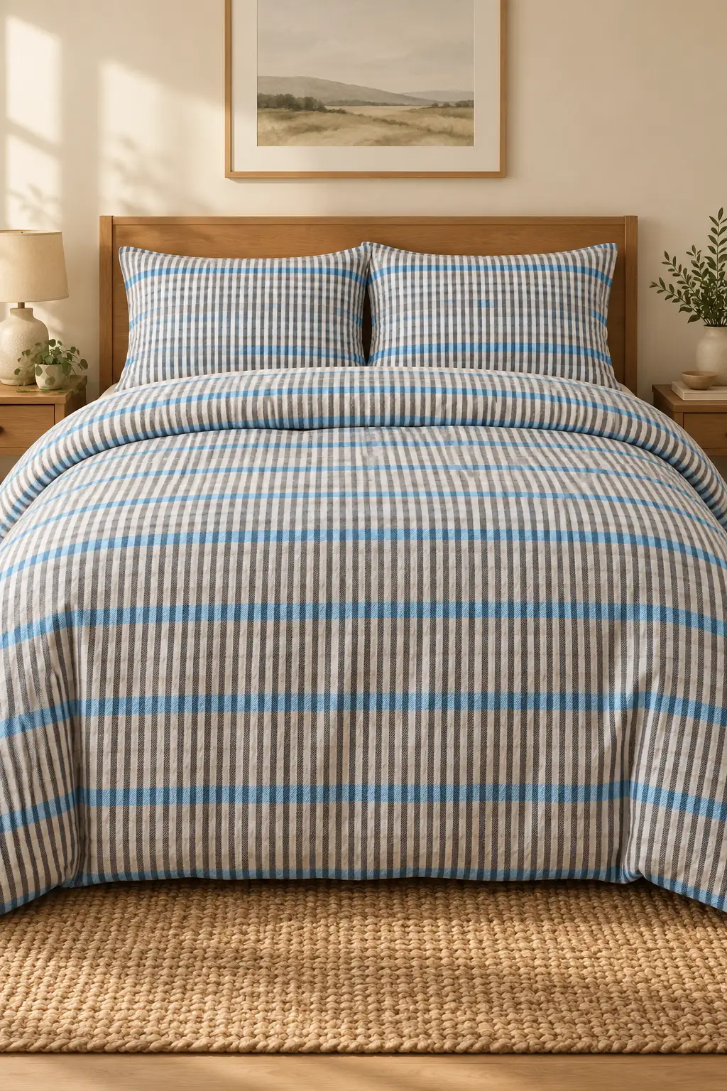 Cotton Collection Flanel Çift Kişilik Nevresim Seti Blue Stripe