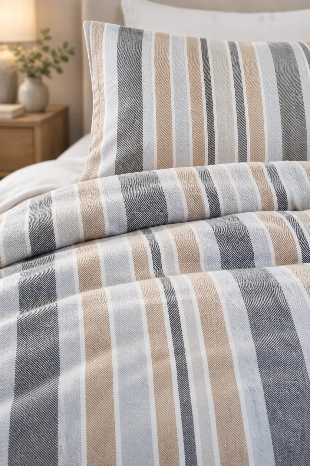 Cotton Collection Flanel Çift Kişilik Nevresim Seti Grey Beige Stripe 3