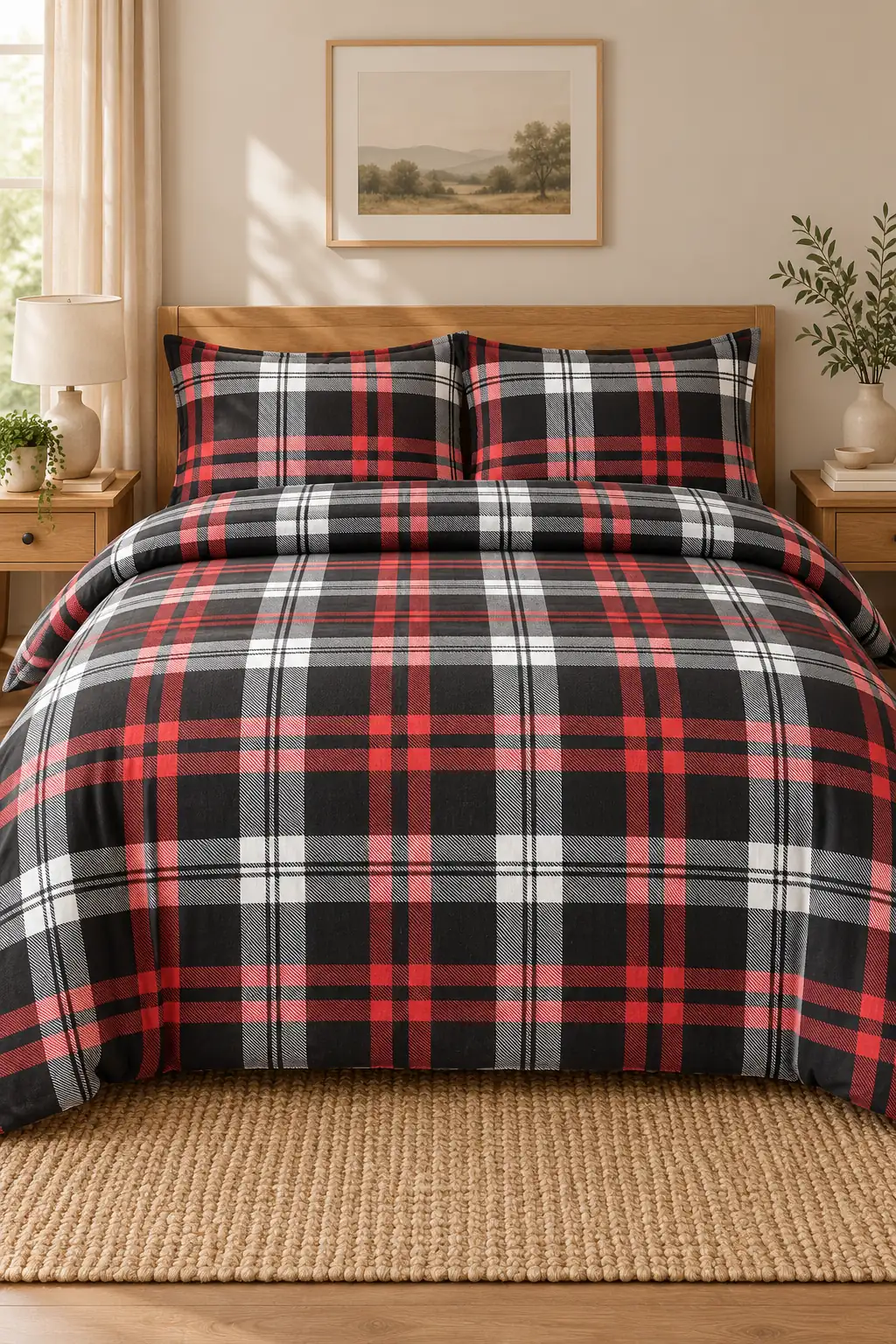 Cotton Collection Flanel Çift Kişilik Nevresim Seti Black Plaid