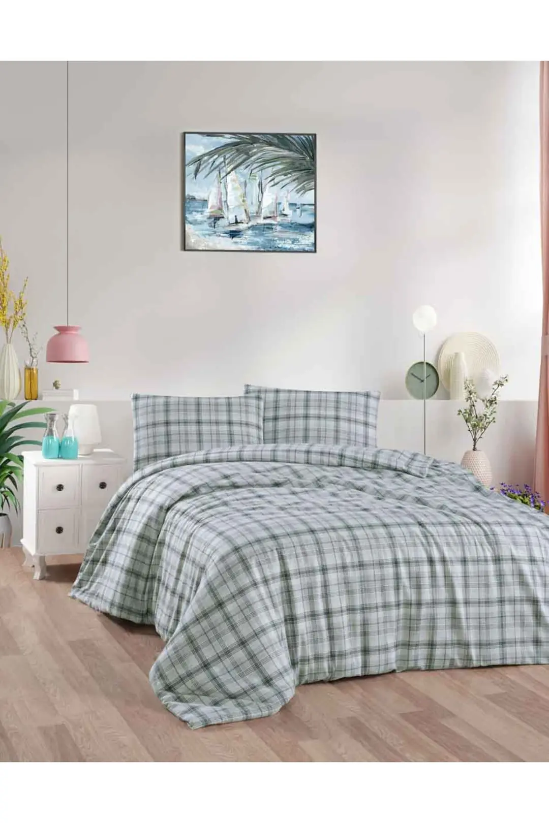 Cotton Collection Flanel R Çift Kişilik Nevresim Takımı Ekose Yeşil