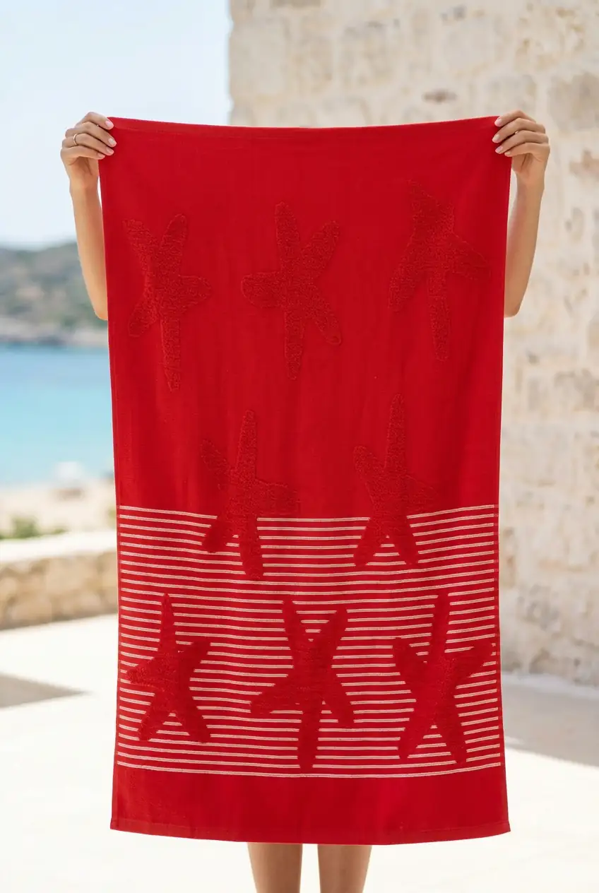 Cotton Collection Bukle Plaj Havlusu Yıldız Kırmızı 3