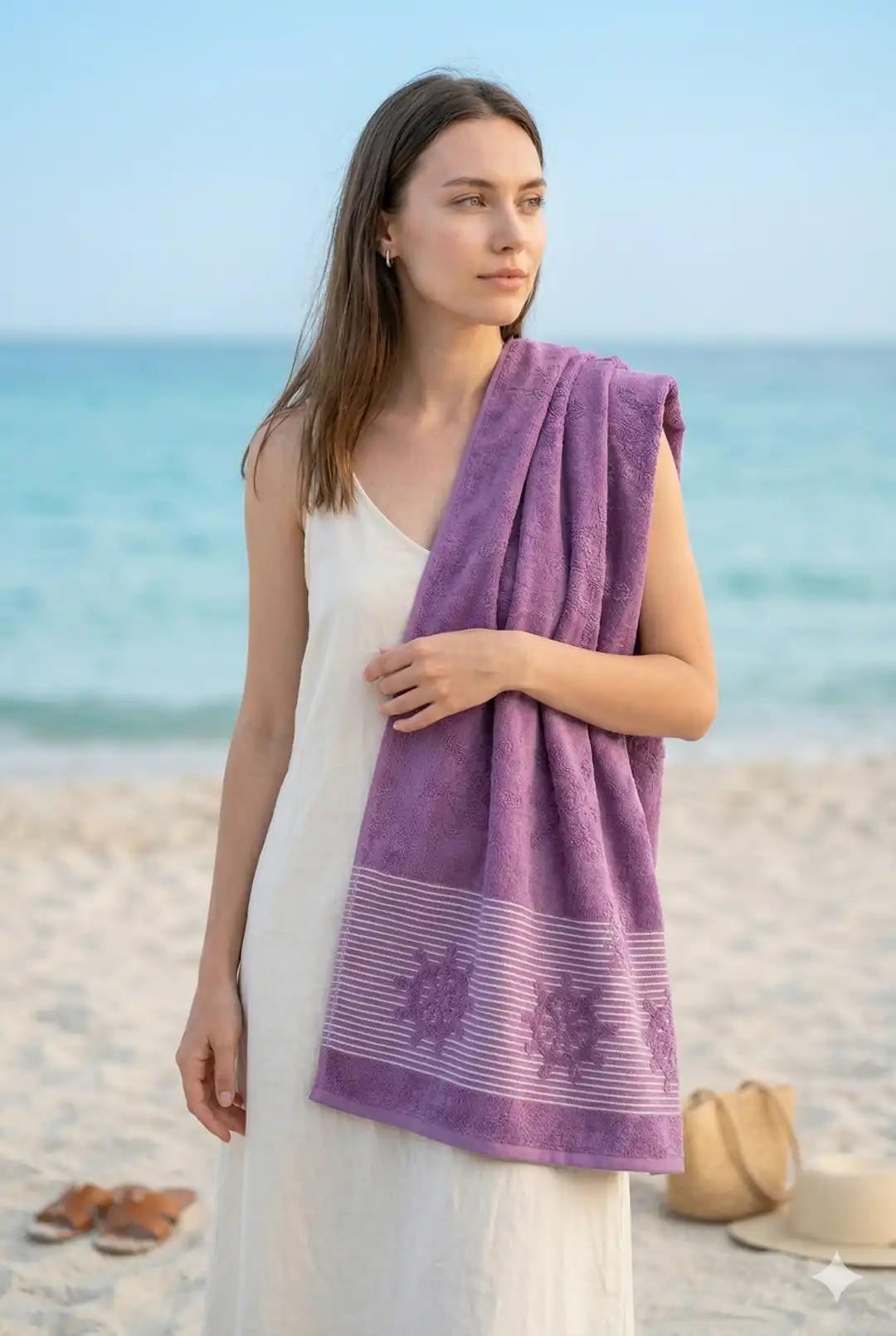 Cotton Collection Bukle Plaj Havlusu Çark Mor 5